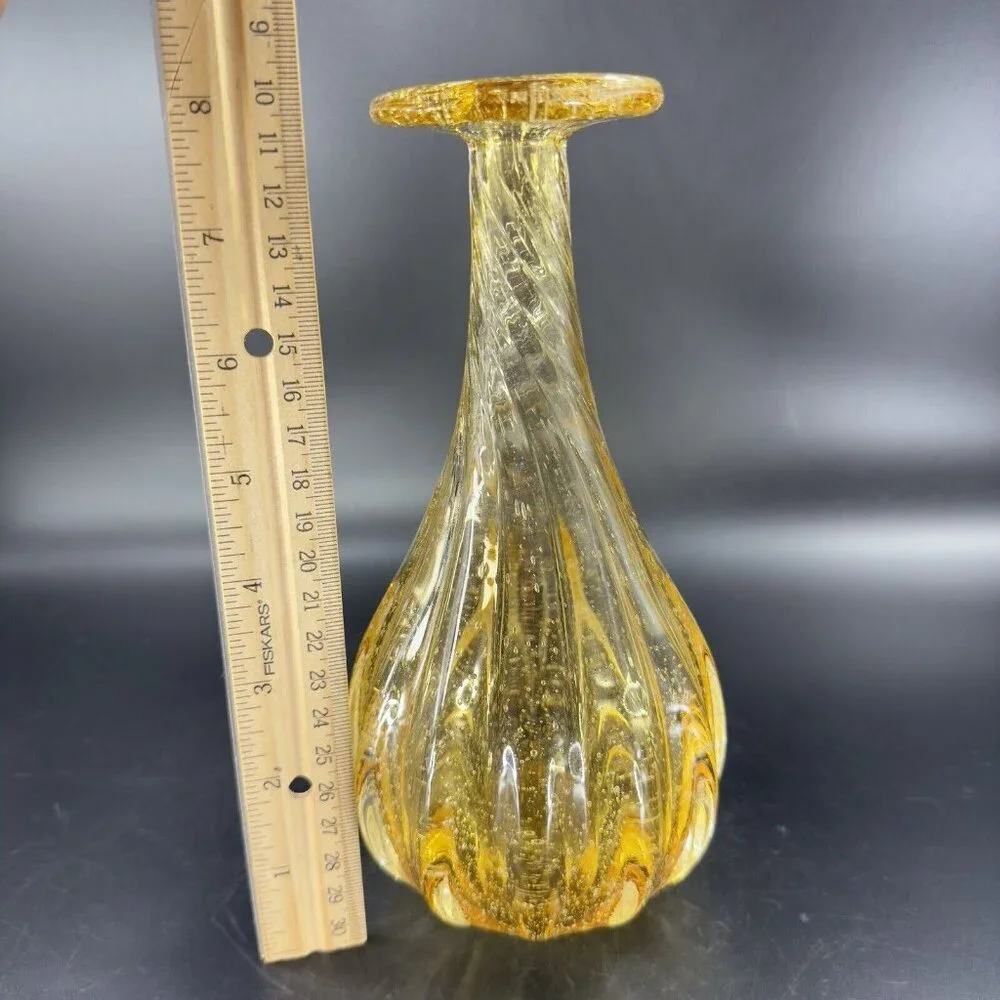 Art Glass Vase Yellow With Twisted Top Small Air Bubbles All Over Glass Vase VTG